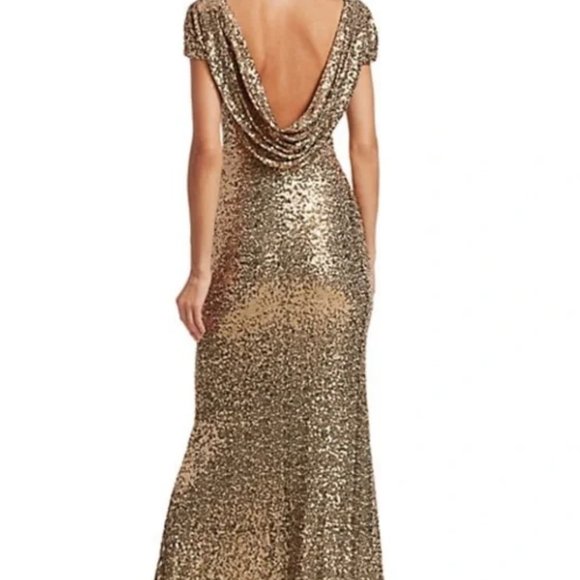 Badgley Mischka,Sequin Cowl Back Gown, rose gold, short sleeves, concealed zip. - Picture 5 of 15